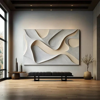 Tableau artistique abstrait 3D moderne accroché sur un mur, apportant une touche contemporaine à un intérieur élégant et minimaliste.