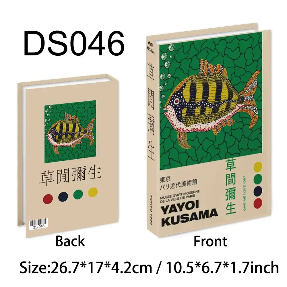 Livres factices de décoration art moderne avec motif de poisson, taille 26.7x17x4.2cm, avant et arrière, DS046.
